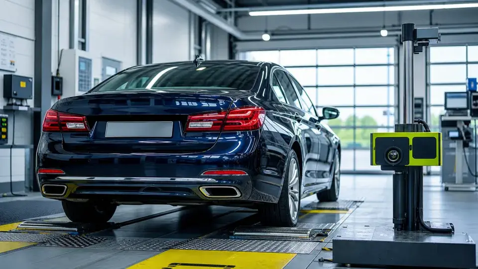 Fahrzeug in einer Prüfhalle mit Prüftechnik