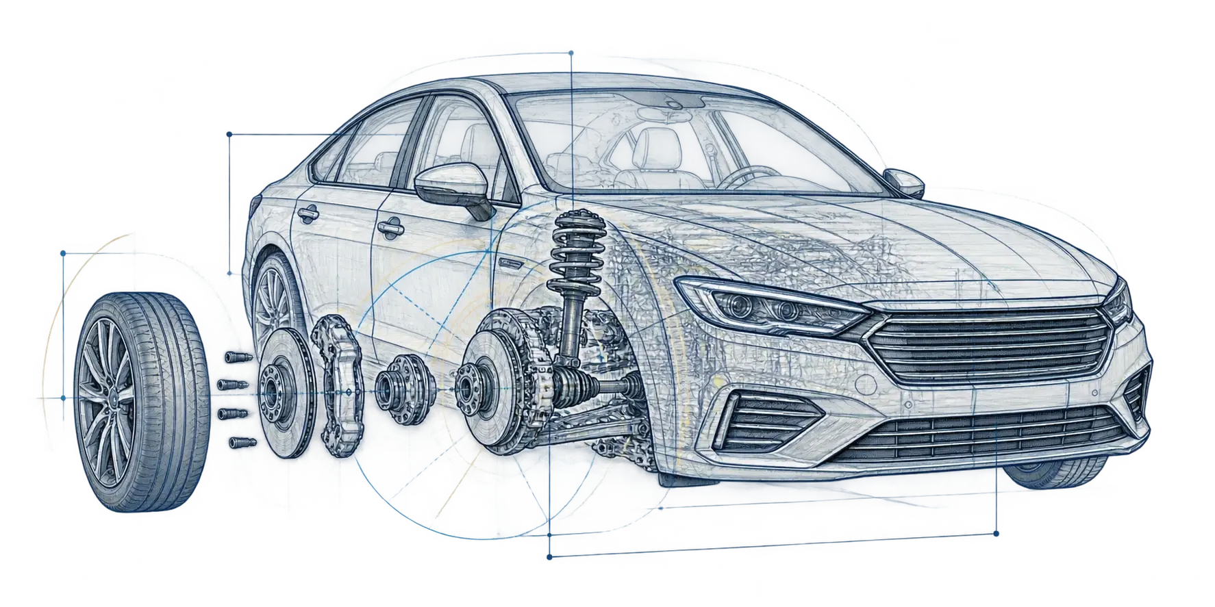 Technische Fahrzeugskizze mit Fahrwerk, Bremse und Radaufhängung