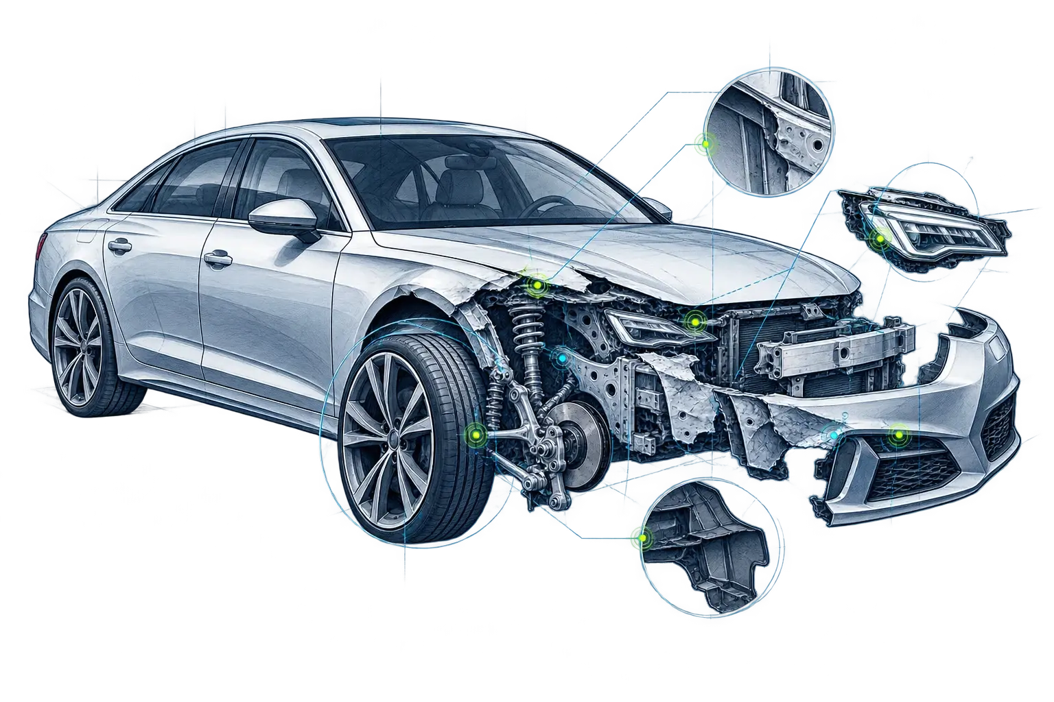 Technische Kaskoschaden-Skizze mit freigelegter Frontstruktur, Fahrwerk und Karosseriebauteilen