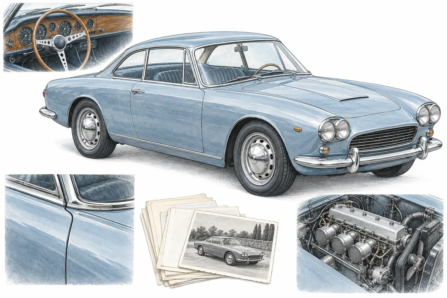 Oldtimerbewertung: klassisches Coupé mit Chromdetails sowie Zeichnungen von historischem Innenraum, Karosseriedetail, Unterlagen und Motor
